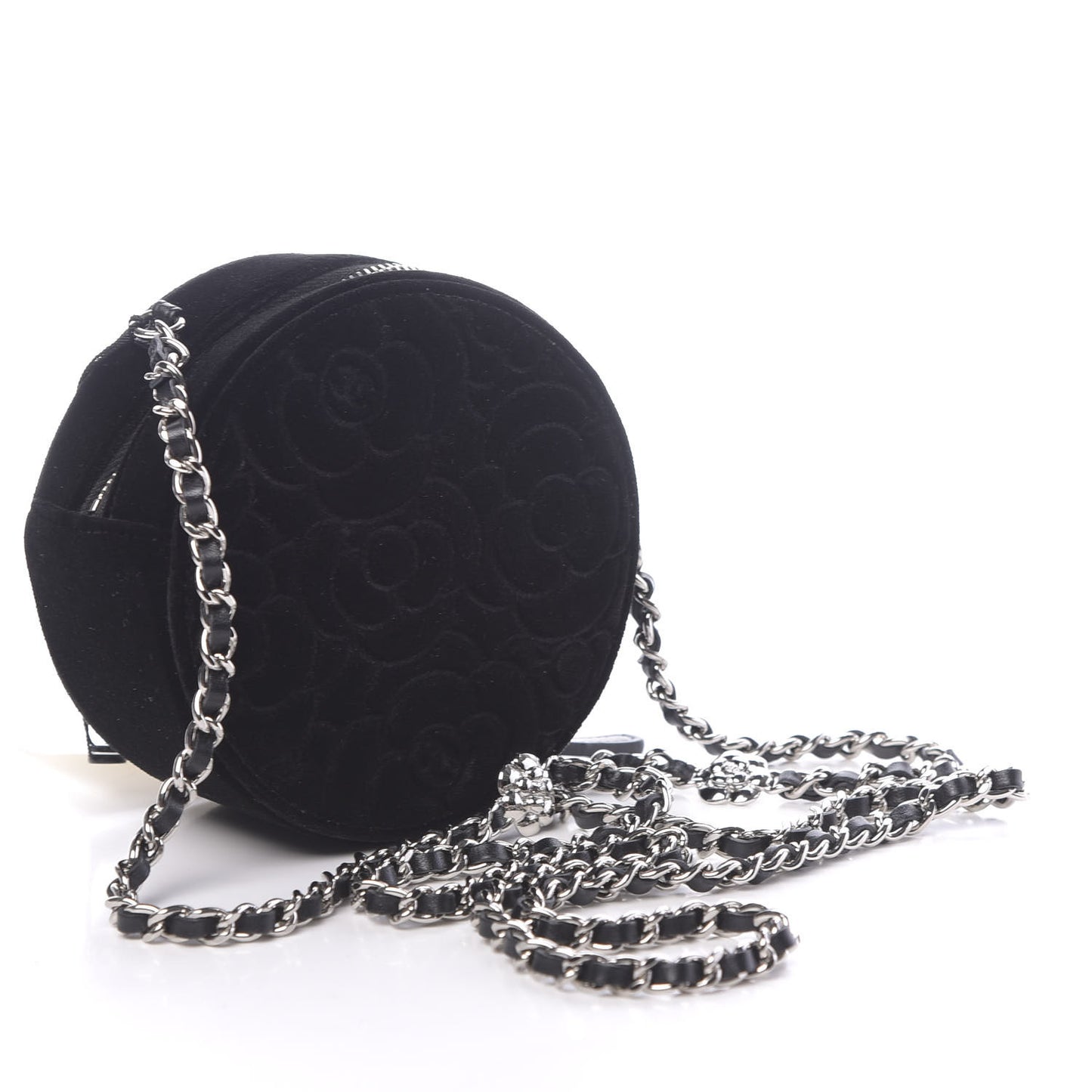 Velvet Camellia Round Clutch With Chain Black