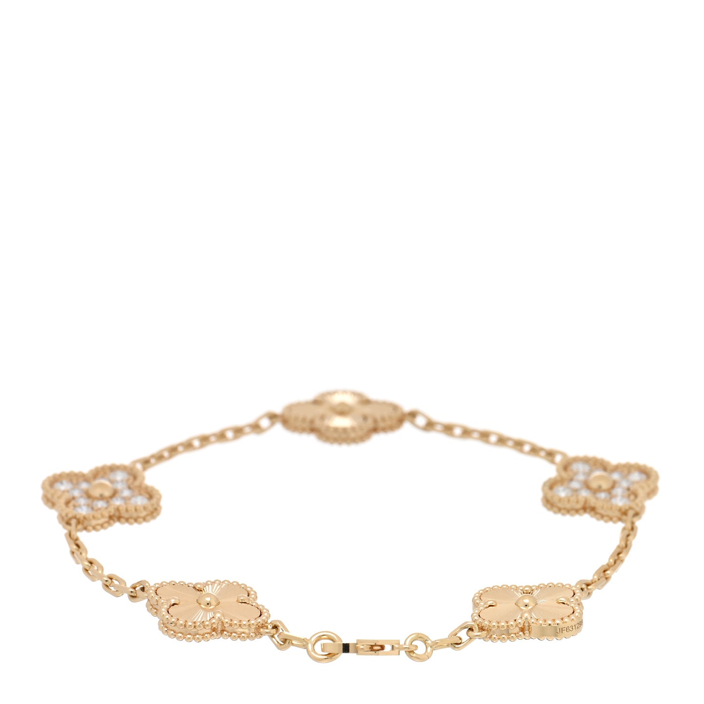 18K Yellow Gold Diamond 5 Motifs Guilloche Vintage Alhambra Bracelet