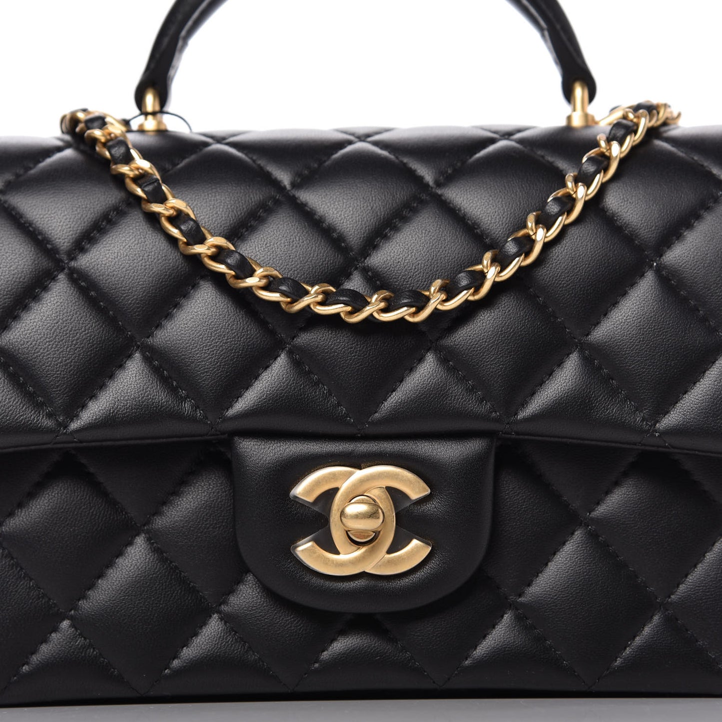 Lambskin Quilted Mini Top Handle Rectangular Flap Black