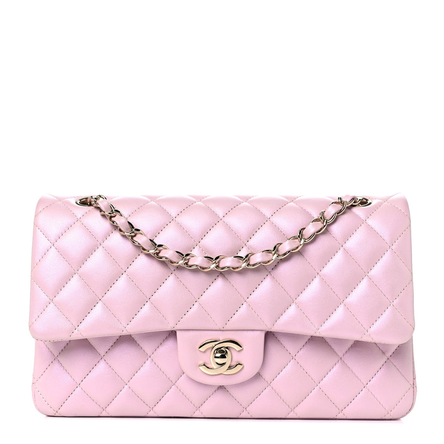 Iridescent Calfskin Quilted Medium Double Flap Light Pink