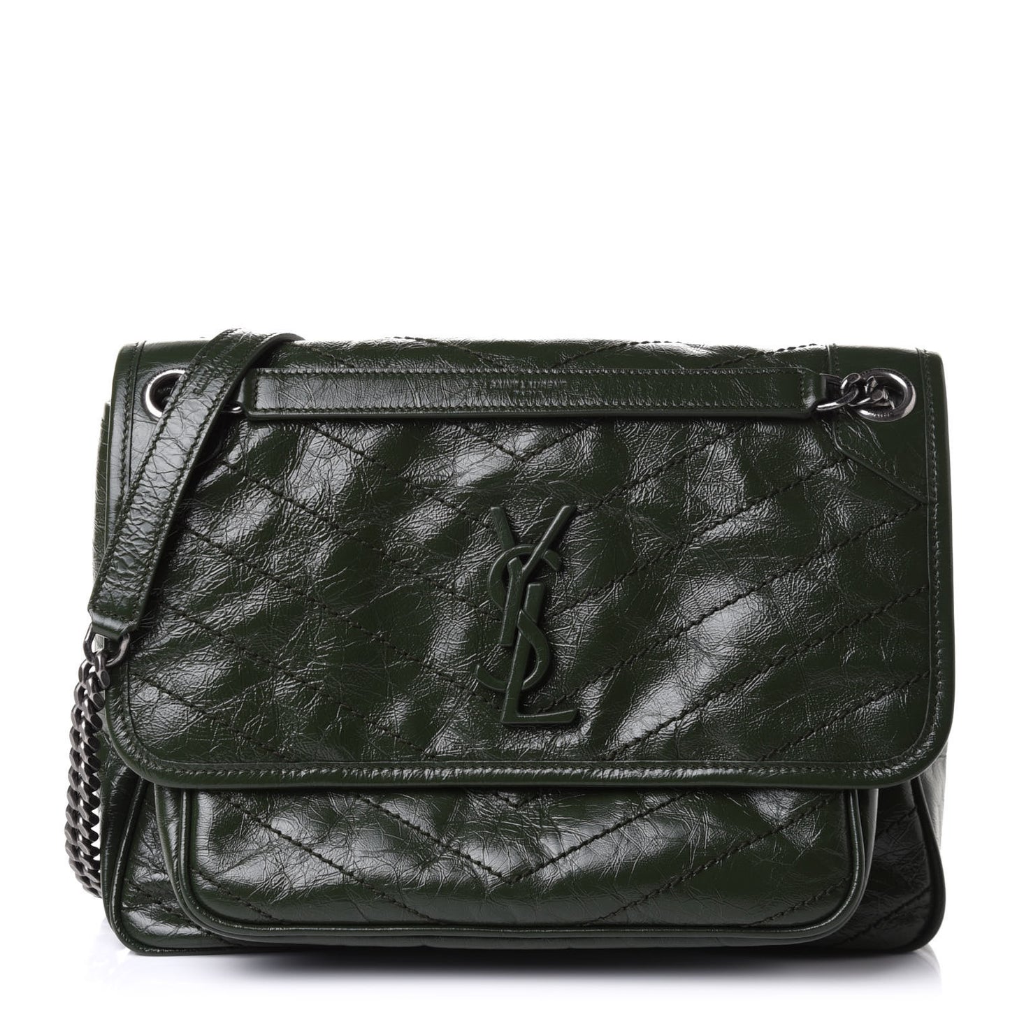 Crinkled Calfskin Matelasse Monogram Medium Niki Chain Satchel Military Olive