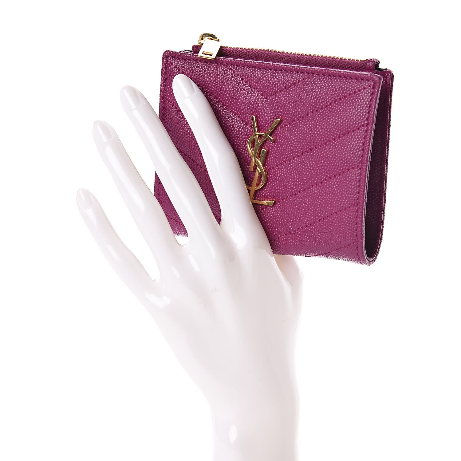 Saint Laurent Grain De Poudre Matelasse Chevron Monogram Zipped Card Case Dark Grape 2 of 8