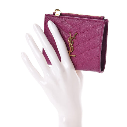 Saint Laurent Grain De Poudre Matelasse Chevron Monogram Zipped Card Case Dark Grape 2 of 8