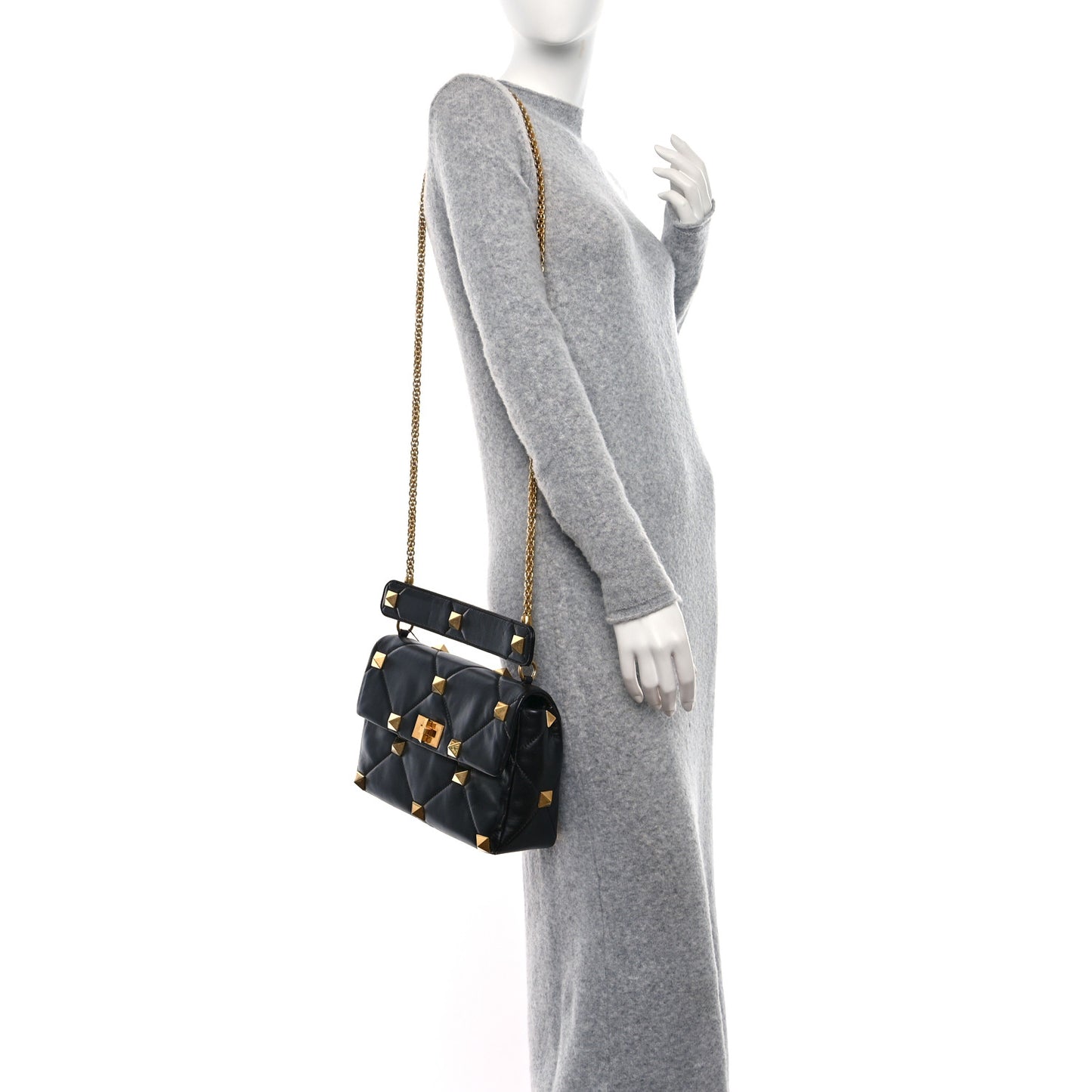 Nappa Large Roman Stud Shoulder Bag Black