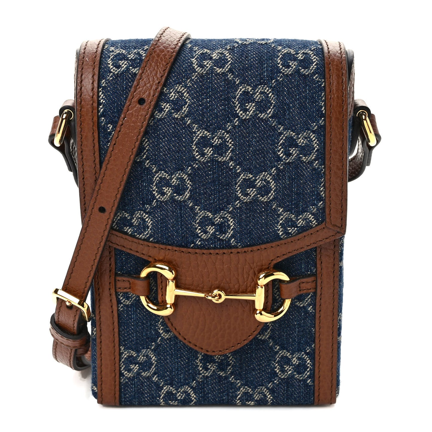 New Denim GG Monogram Dollar Calfskin Mini Horsebit 1955 Crossbody Bag Blue Tea Cuir Epilog