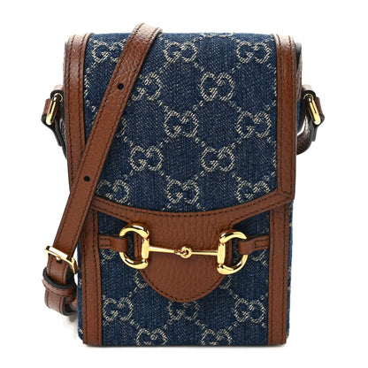 Gucci New Denim GG Monogram Dollar Calfskin Mini Horsebit 1955 Crossbody Bag Blue Tea Cuir Epilog 1 of 9