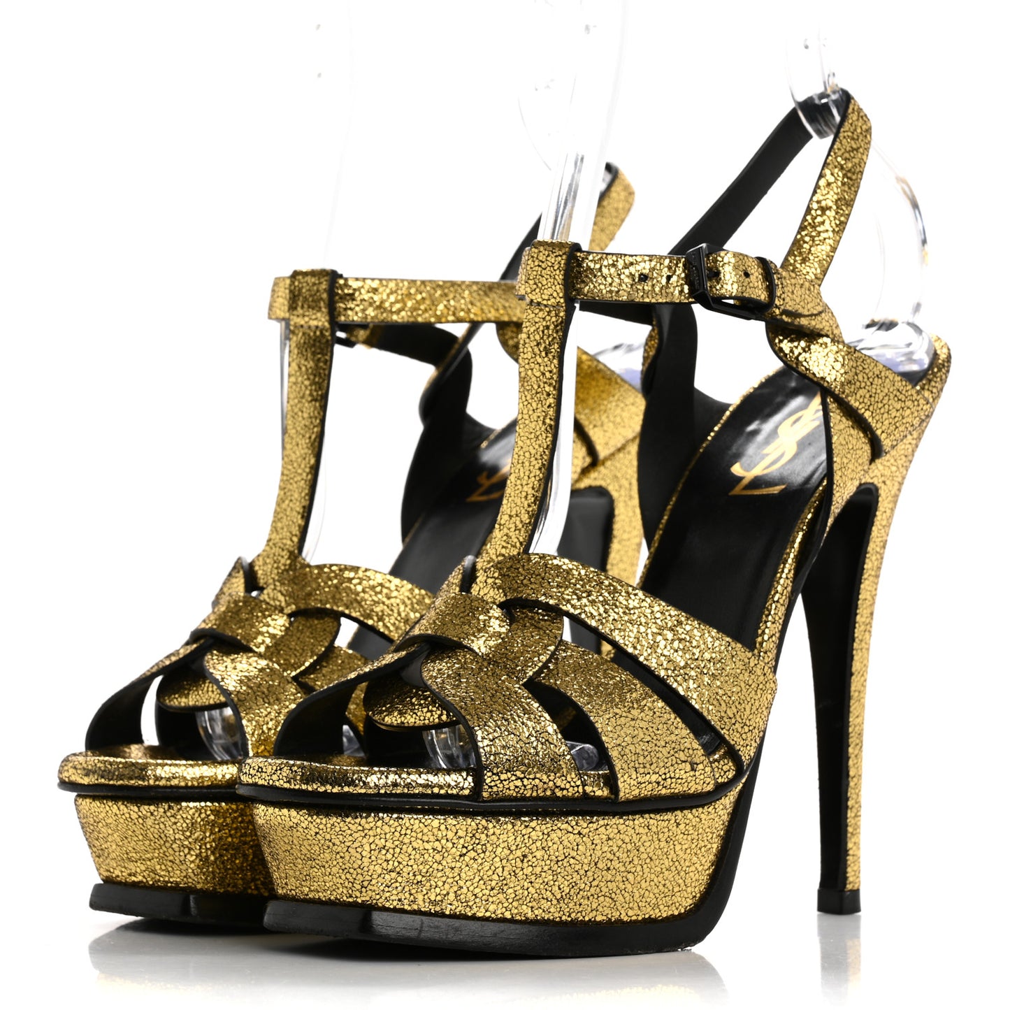 Metallic Crackled Calfskin Tribute 105 Platform Sandals 36 Black Gold