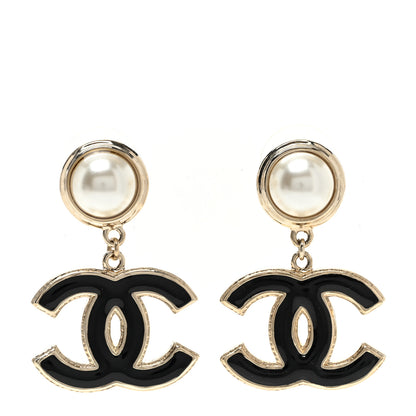 Chanel Pearl Enamel CC Drop Earrings Black 1 of 5