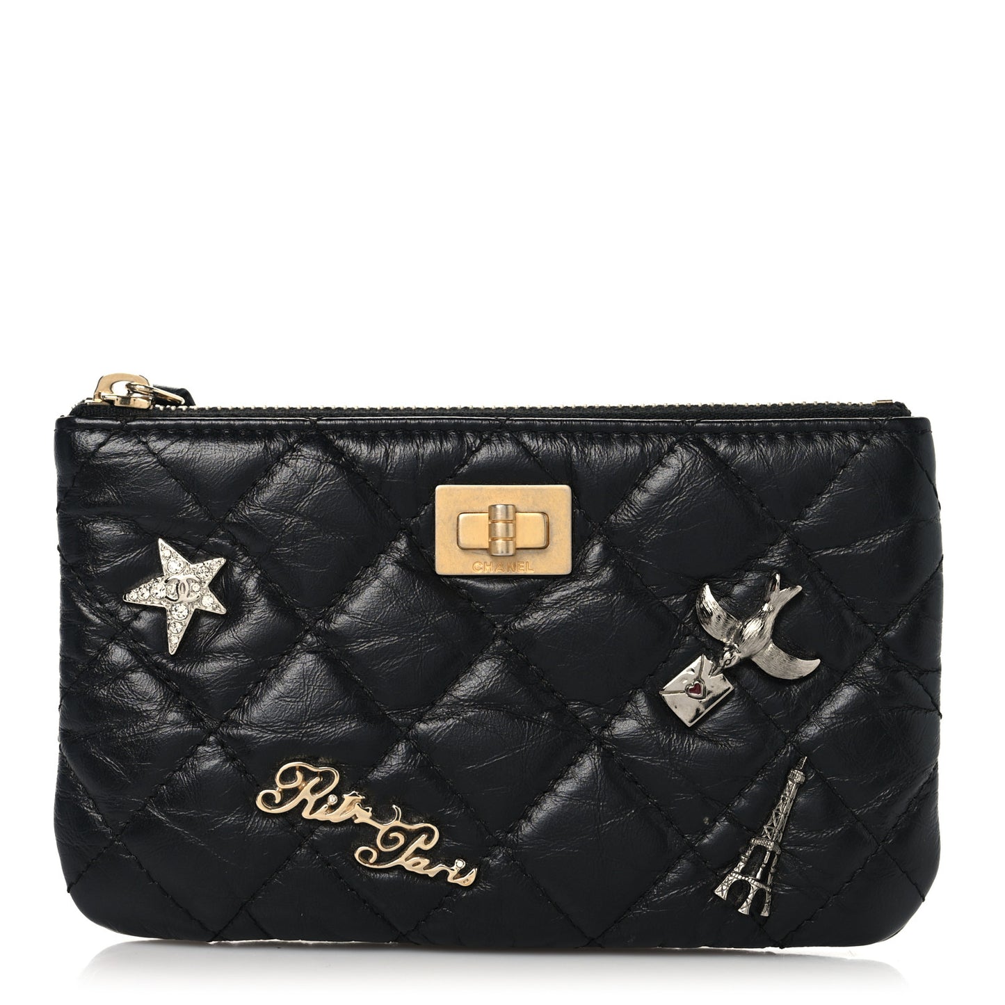 Aged Calfskin Quilted Lucky Charms 2.55 Small Reissue Cosmetic Case Black