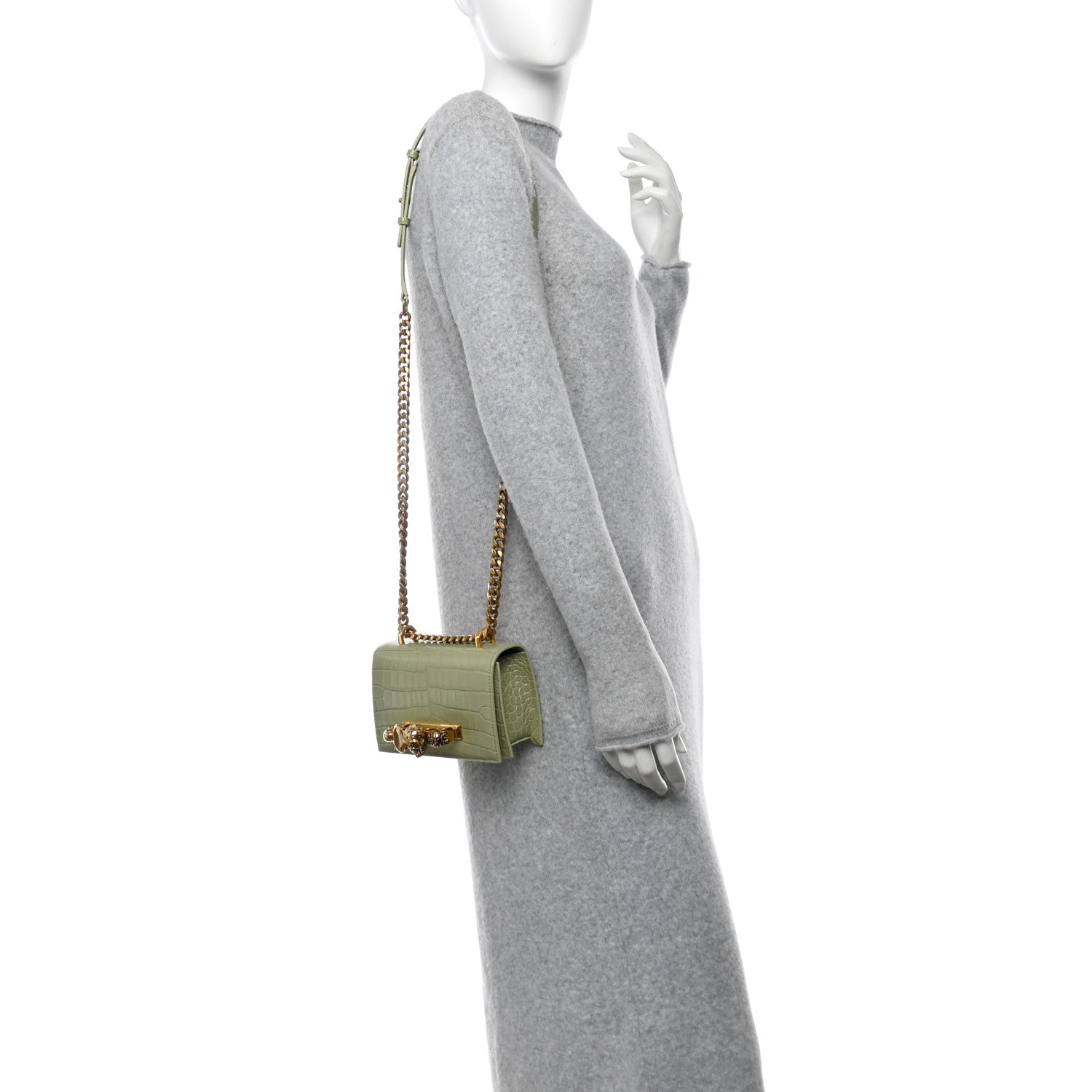 Alexander McQueen Calfskin Crocodile Embossed Knuckle Shoulder Bag Sage 2 of 10