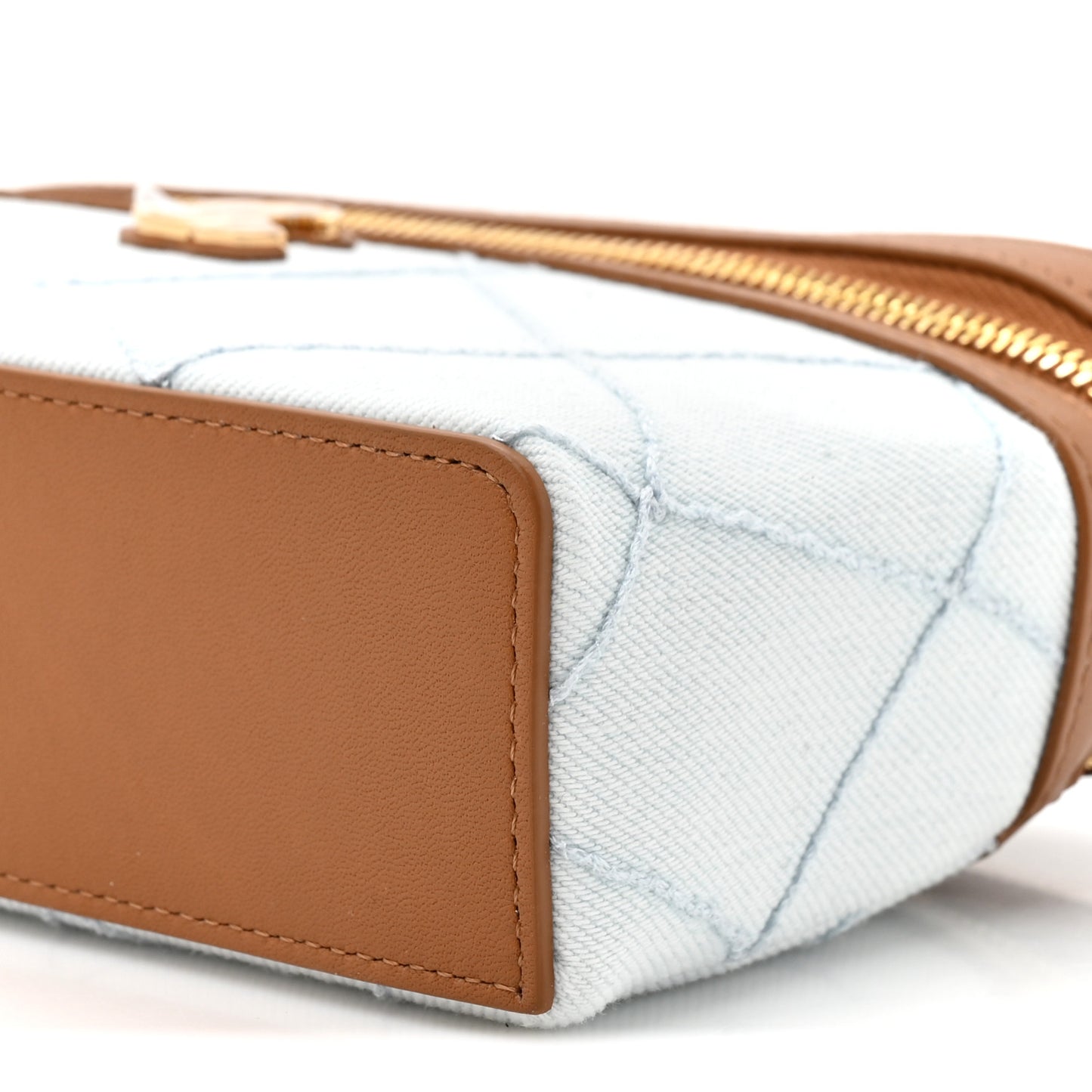 Washed Denim Calfskin Quilted Top Handle Slim Vanity Case With Chain Blue Brown