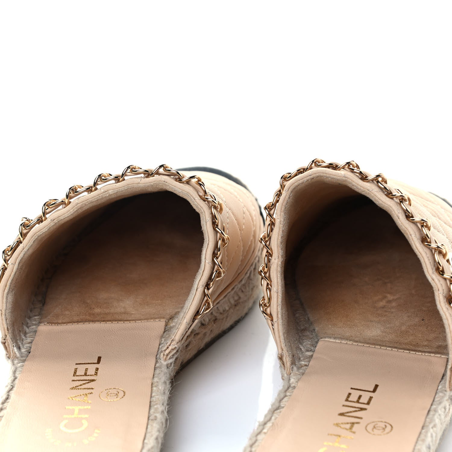 Chanel Lambskin Grosgrain Quilted CC Chain Espadrille Mules 38 Beige Black 8 of 8