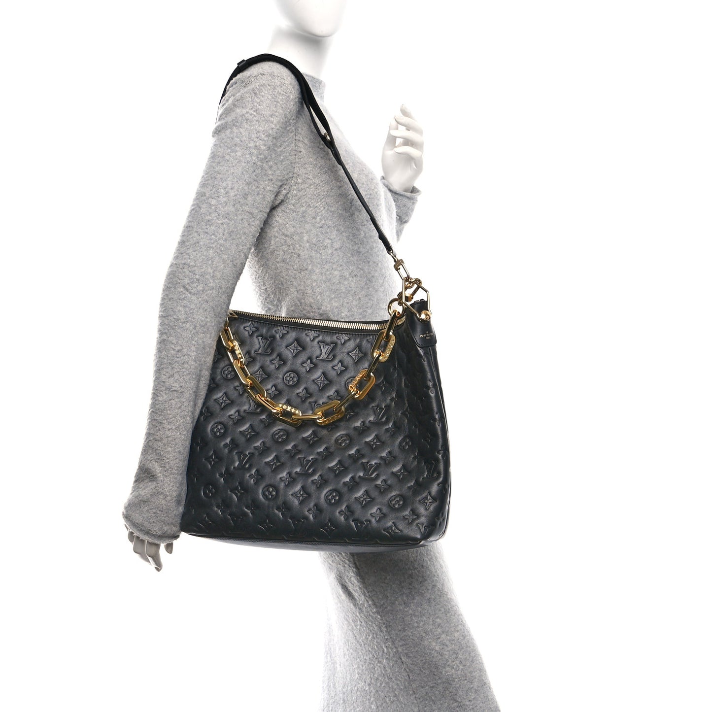 Lambskin Embossed Monogram Coussin Hobo MM Black