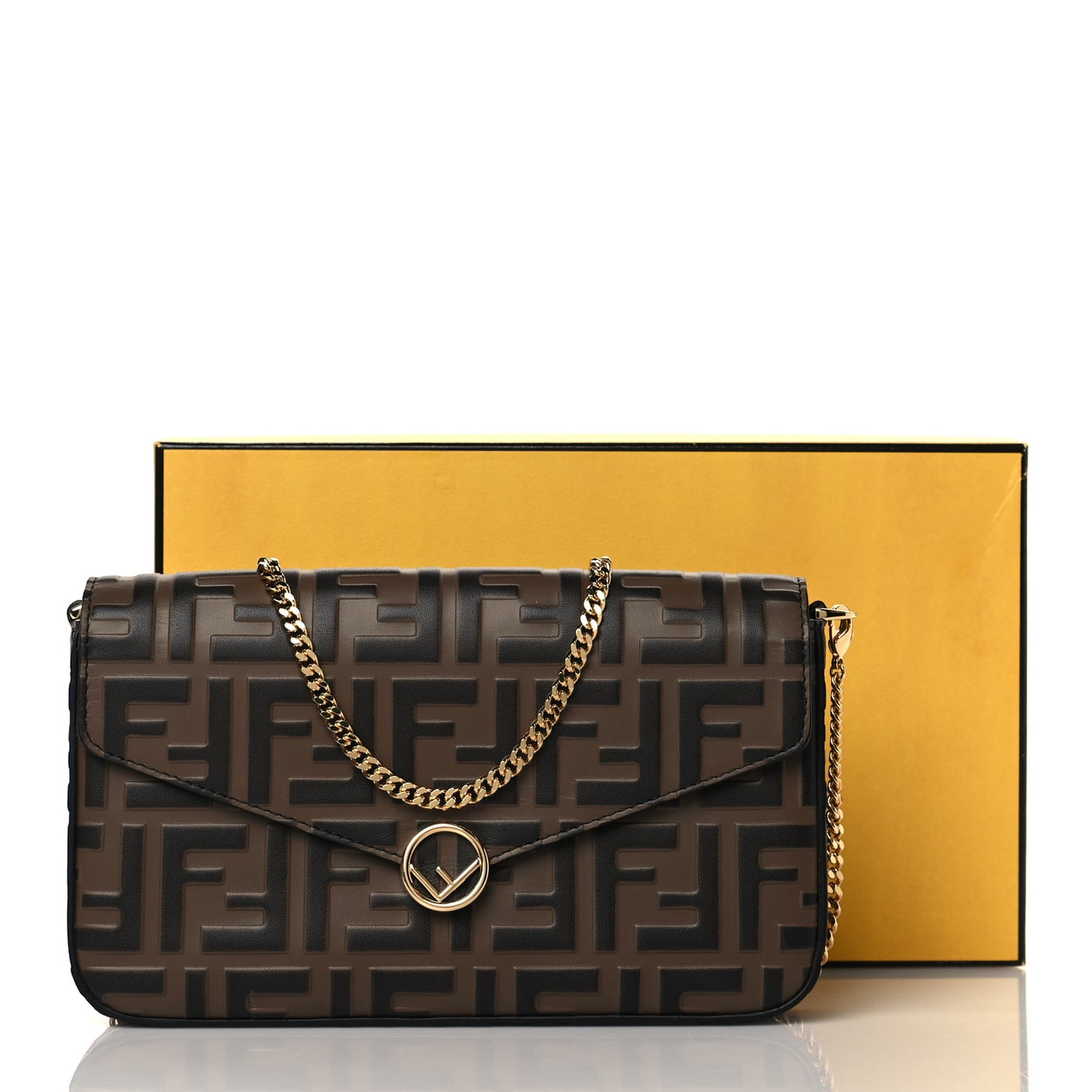 Vitello Soft F is Fendi Bi-Color FF 1974 Embossed Envelope Wallet On Chain with Pouches Maya Black