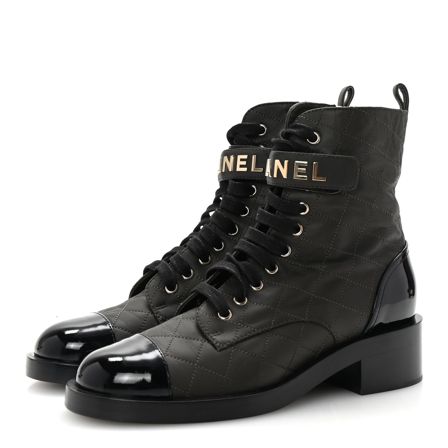 Lambskin Patent Calfskin Quilted Logo Lace Up Combat Boots 39 Dark Brown Black