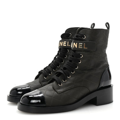 Chanel Lambskin Patent Calfskin Quilted Logo Lace Up Combat Boots 39 Dark Brown Black 4 of 10