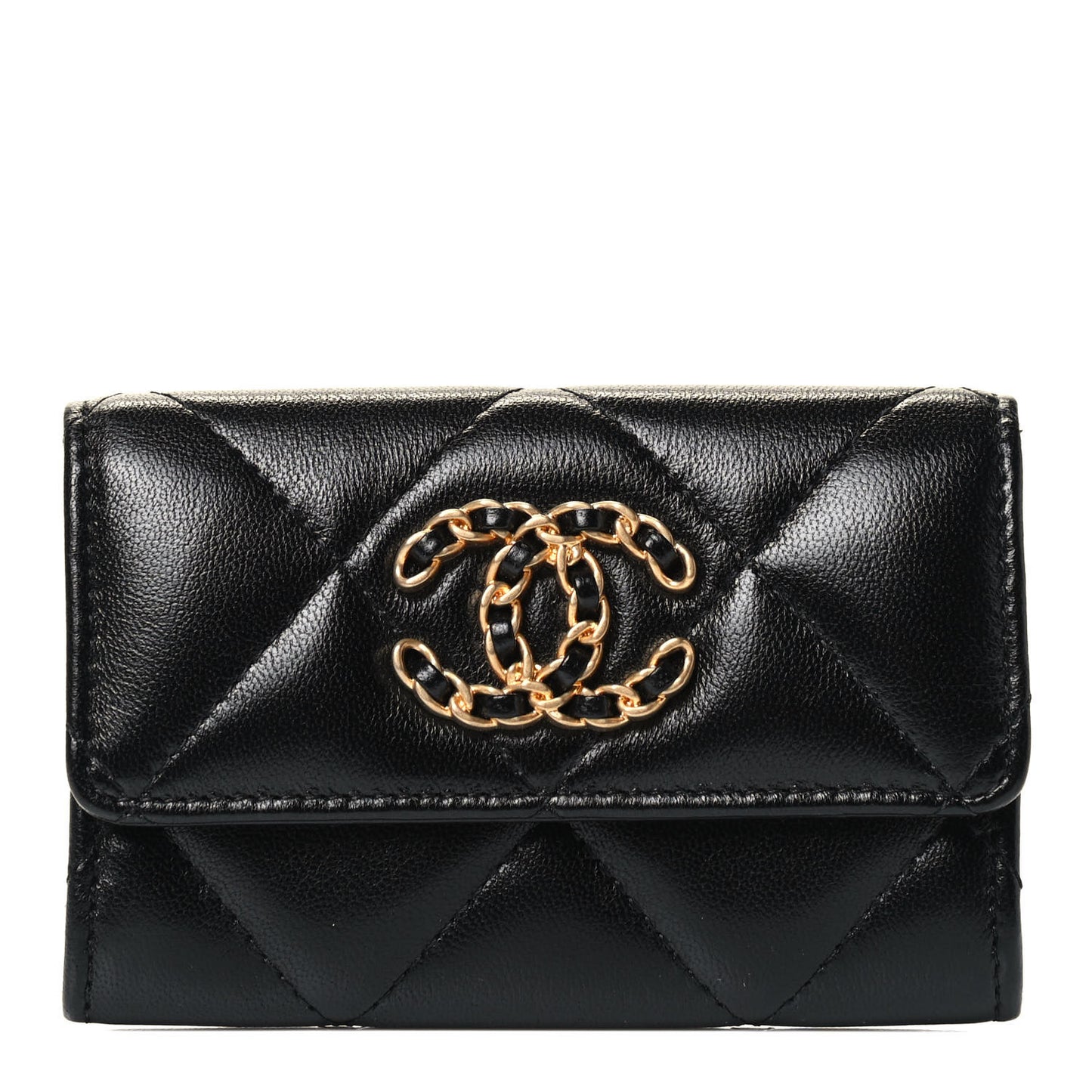 Shiny Goatskin Quilted Chanel 19 Flap Card Holder Black