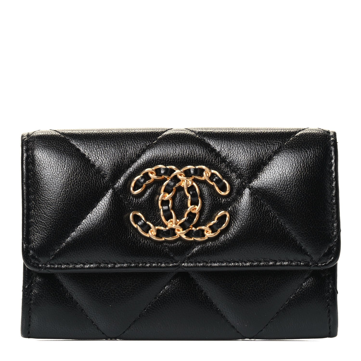 Chanel Shiny Goatskin Quilted Chanel 19 Flap Card Holder Black 1 of 4