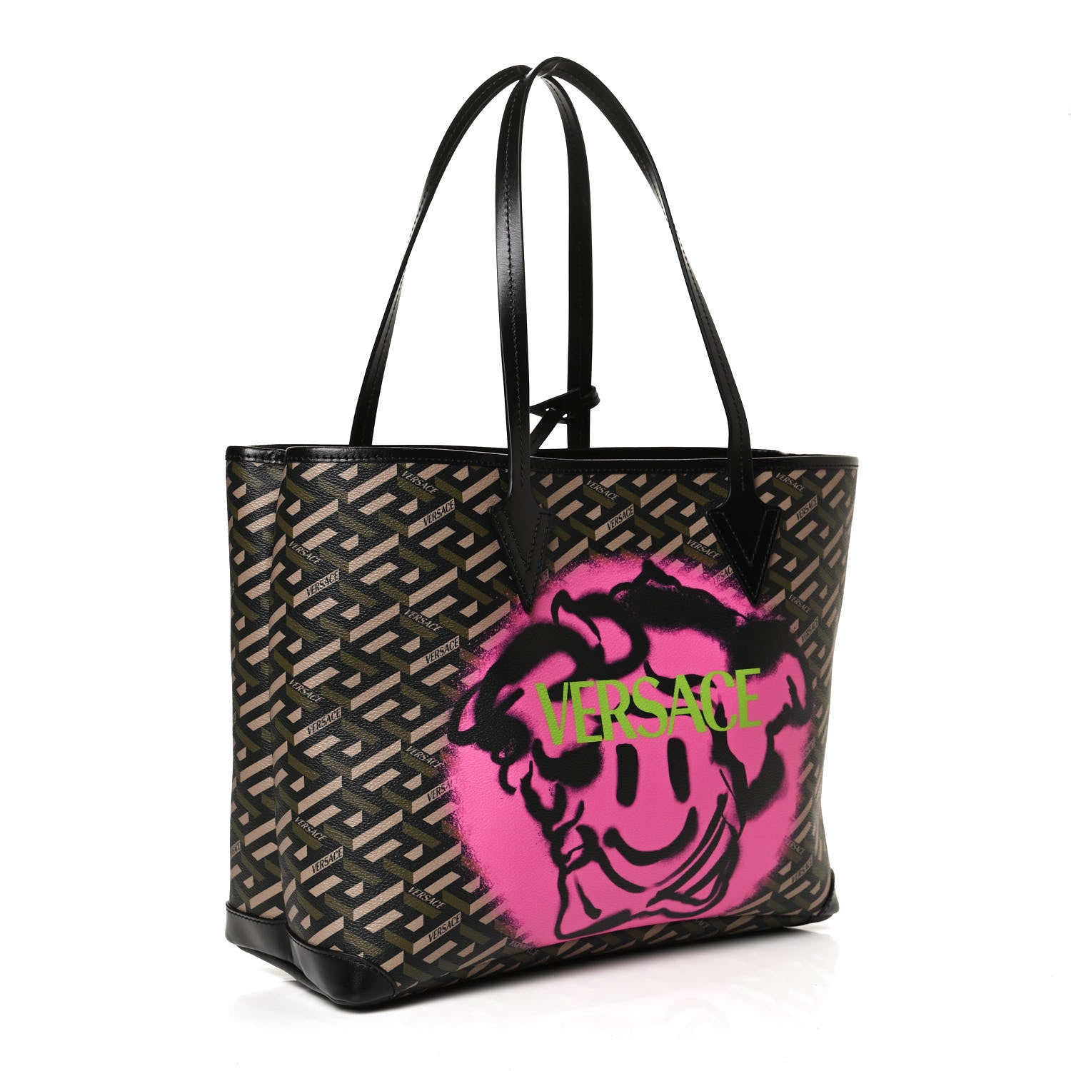 Versace Canvas Calfskin Monogram La Greca Medusa Tote Black Khaki 3 of 11