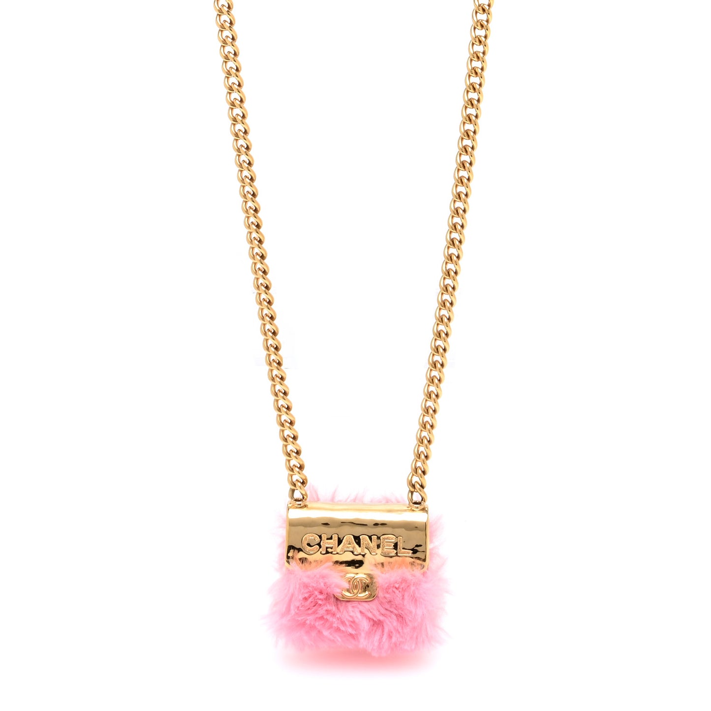 Metal Fur Flap Bag Long Necklace Gold Pink