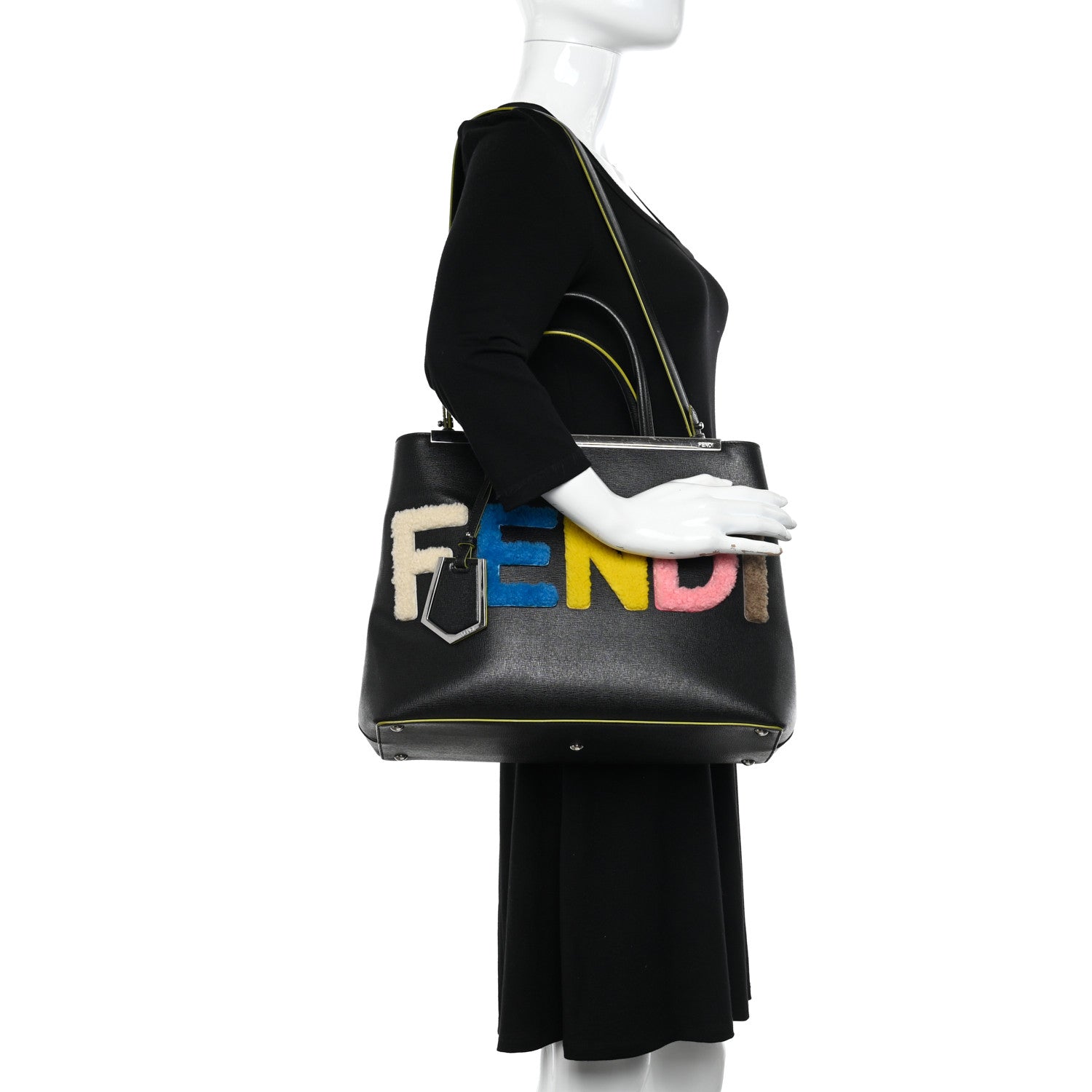 Fendi Vitello Elite Shearling Block Letter Regular 2Jours Tote Black 2 of 13