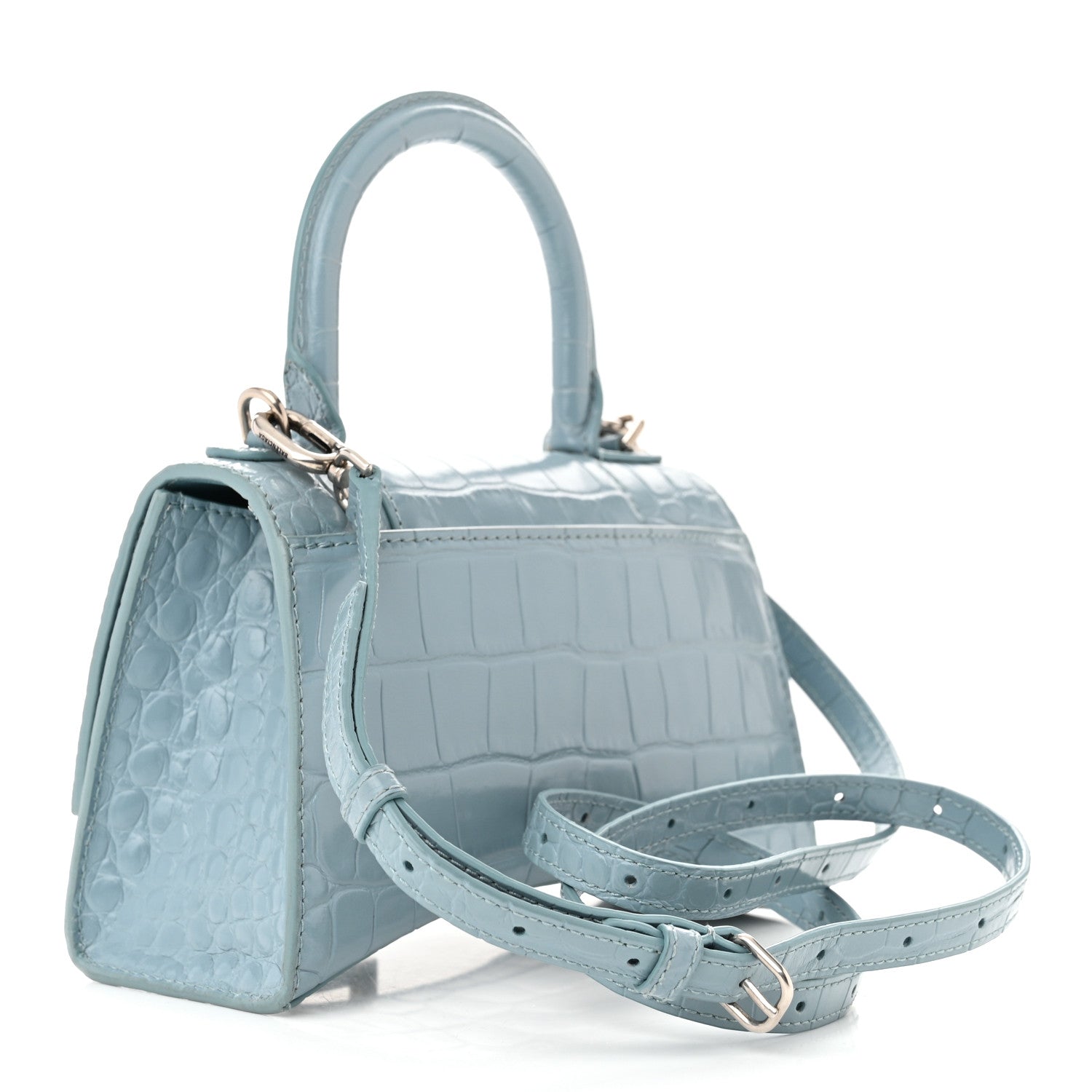 Balenciaga Shiny Calfskin Crocodile Embossed Hourglass Top Handle Bag XS Blue Grey 3 of 14