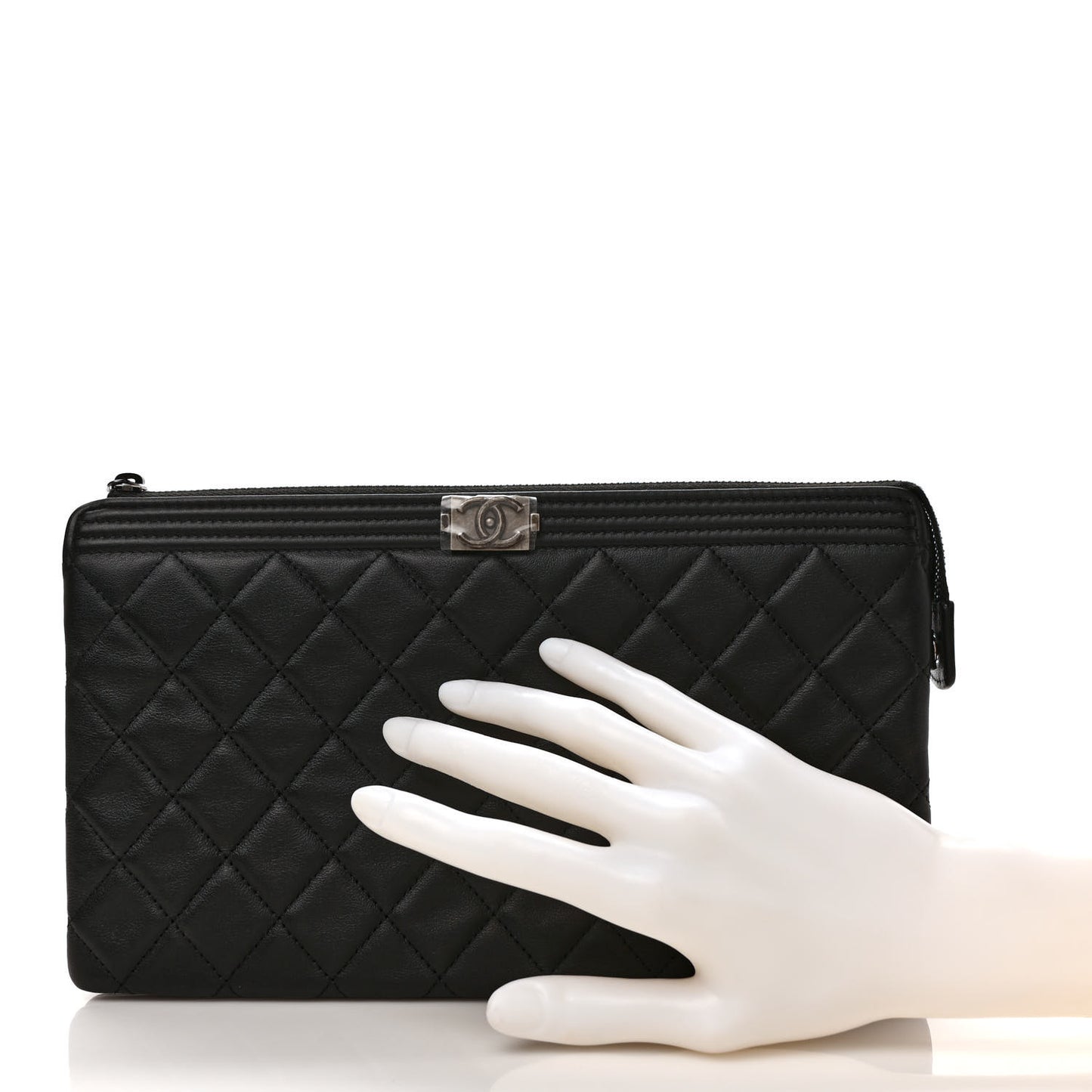 Calfskin Quilted Small Zipped Boy Pouch Black