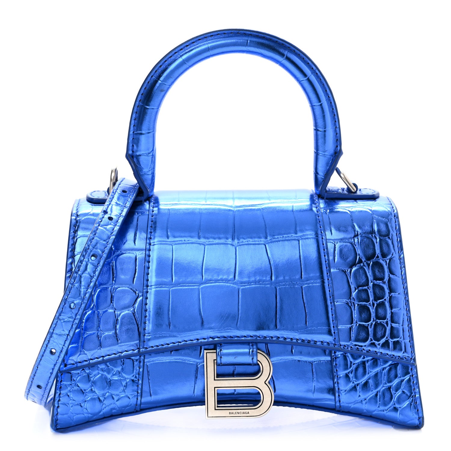 Balenciaga Metallic Shiny Calfskin Crocodile Embossed Hourglass Top Handle Bag XS Royal Blue 1 of 12