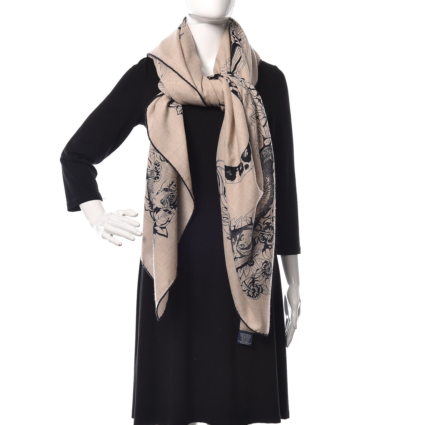 Cashmere Silk Jungle Love Tattoo Shawl 140 Natural Bleu Black