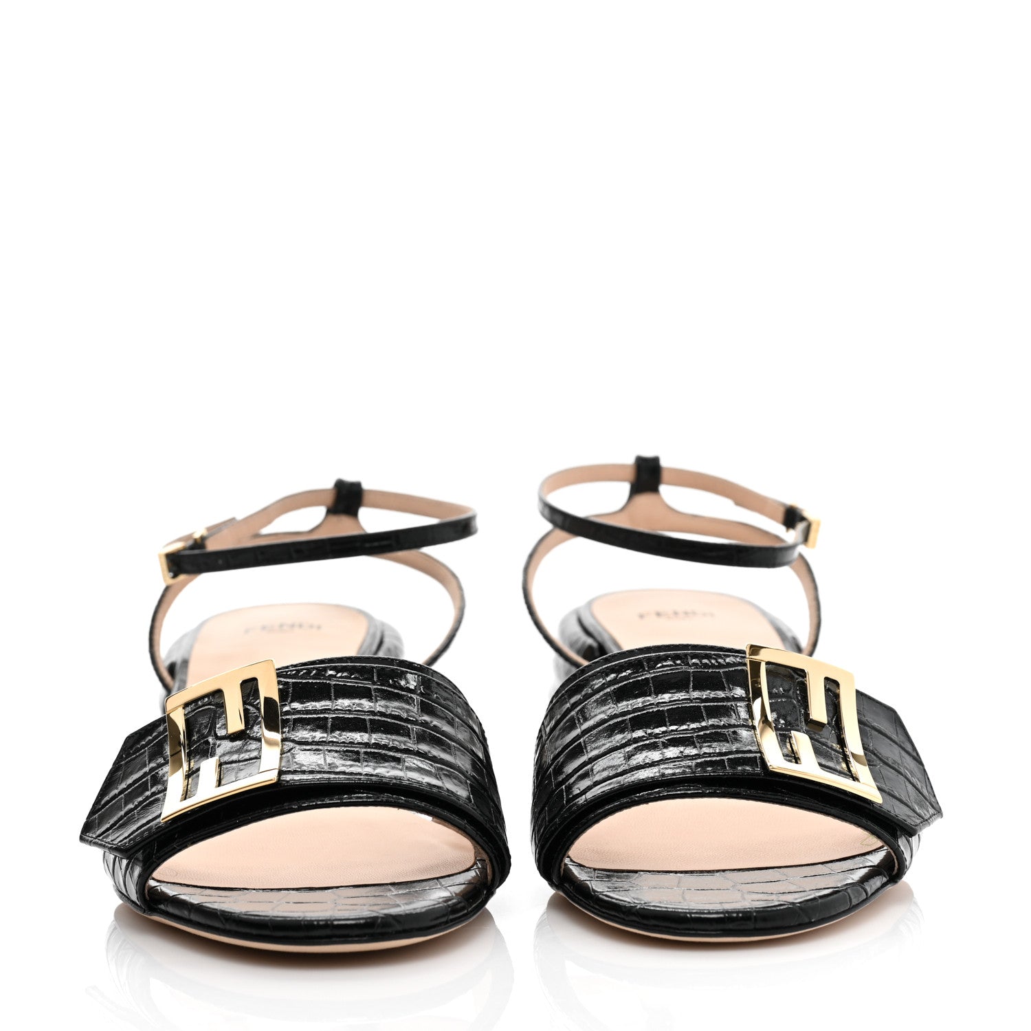Fendi Vitello Crocodile Embossed Promenade Ankle Strap Sandals 38 Black 2 of 7