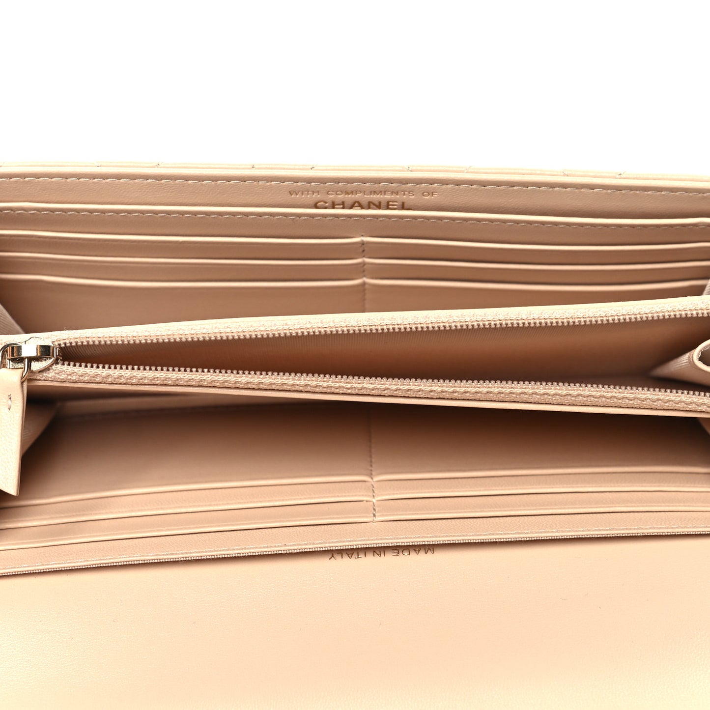 Lambskin Quilted CC Large Gusset Flap Wallet Beige