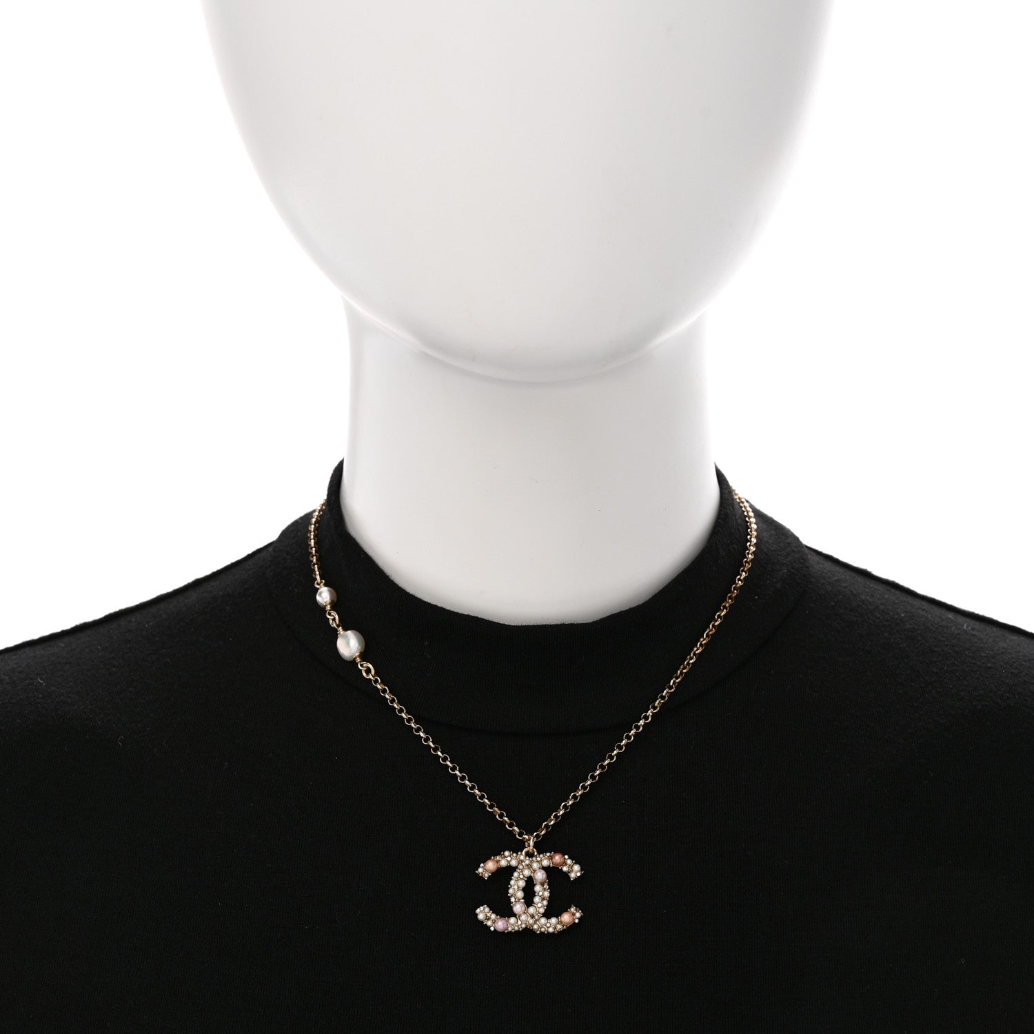 Chanel Crystal Pearl CC Pendant Necklace Gold Pink 2 of 7