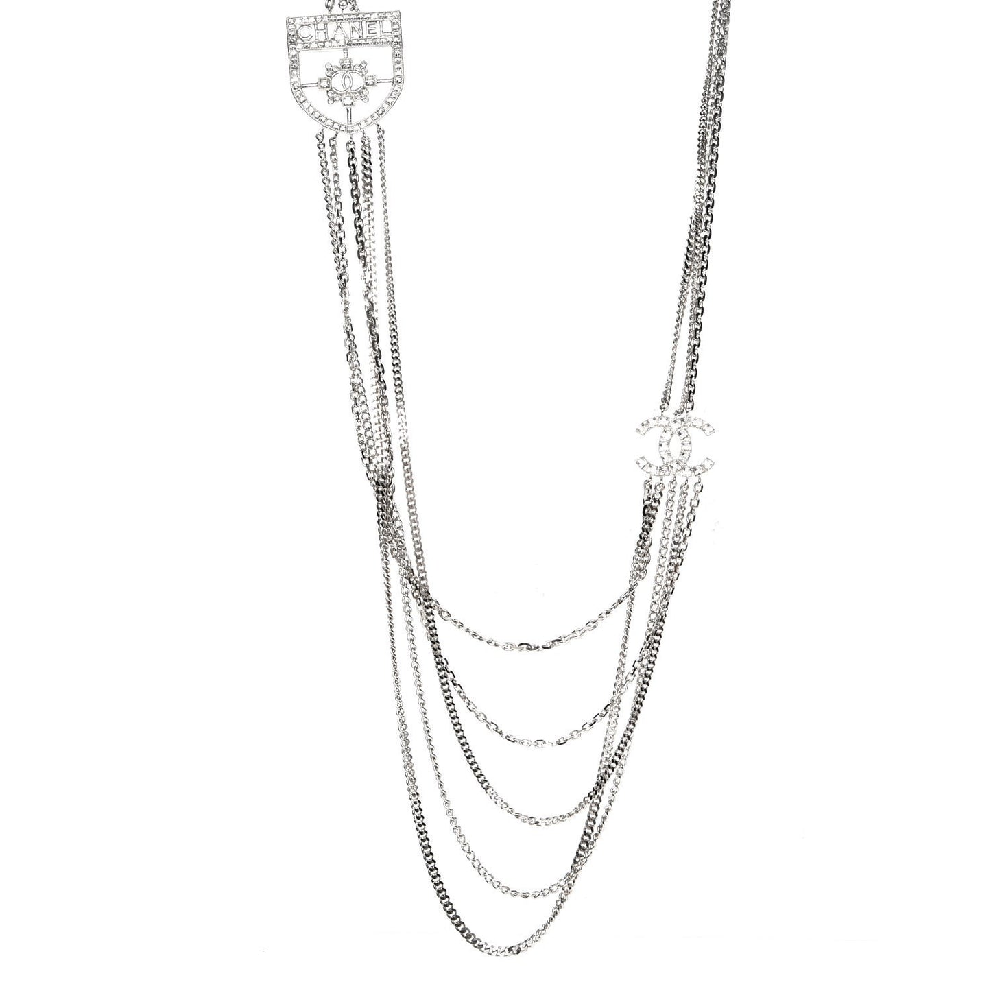 Baguette Crystal CC Shield Multi Strand Long Chain Necklace Silver