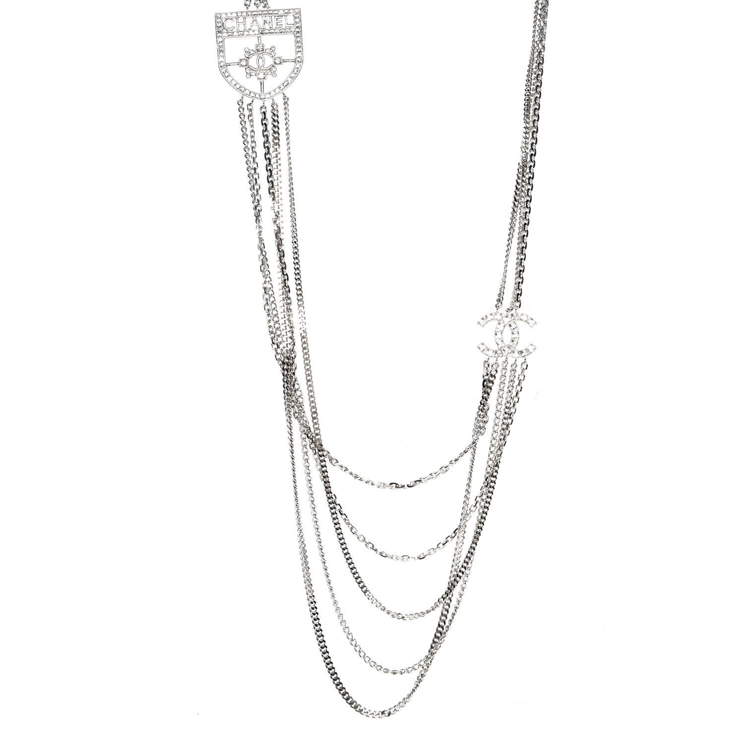 Chanel Baguette Crystal CC Shield Multi Strand Long Chain Necklace Silver 1 of 6