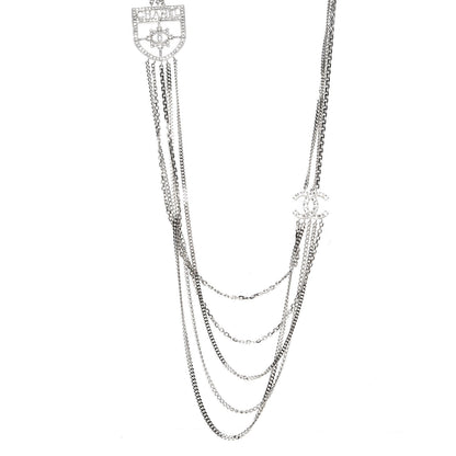 Chanel Baguette Crystal CC Shield Multi Strand Long Chain Necklace Silver 1 of 6