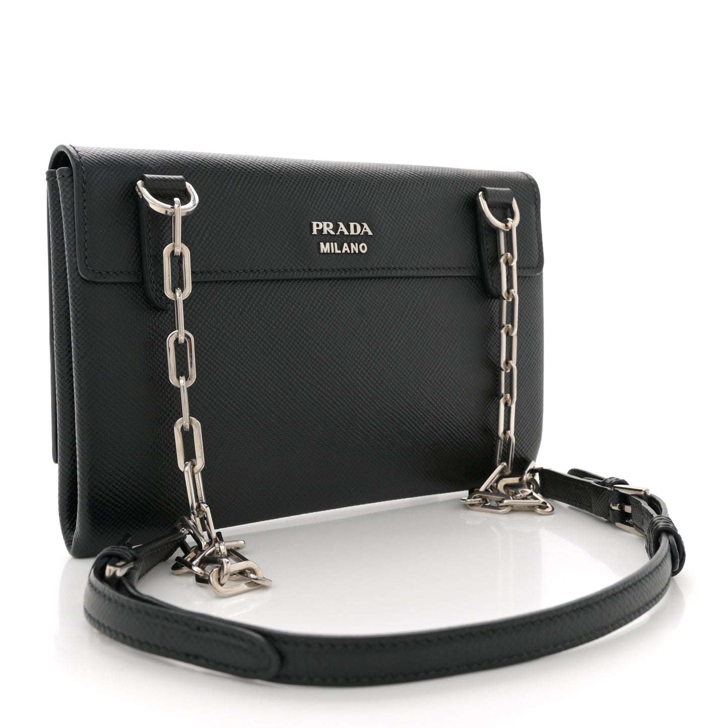 Saffiano Cuir Twist Lock Chain Flap Crossbody Bag Black