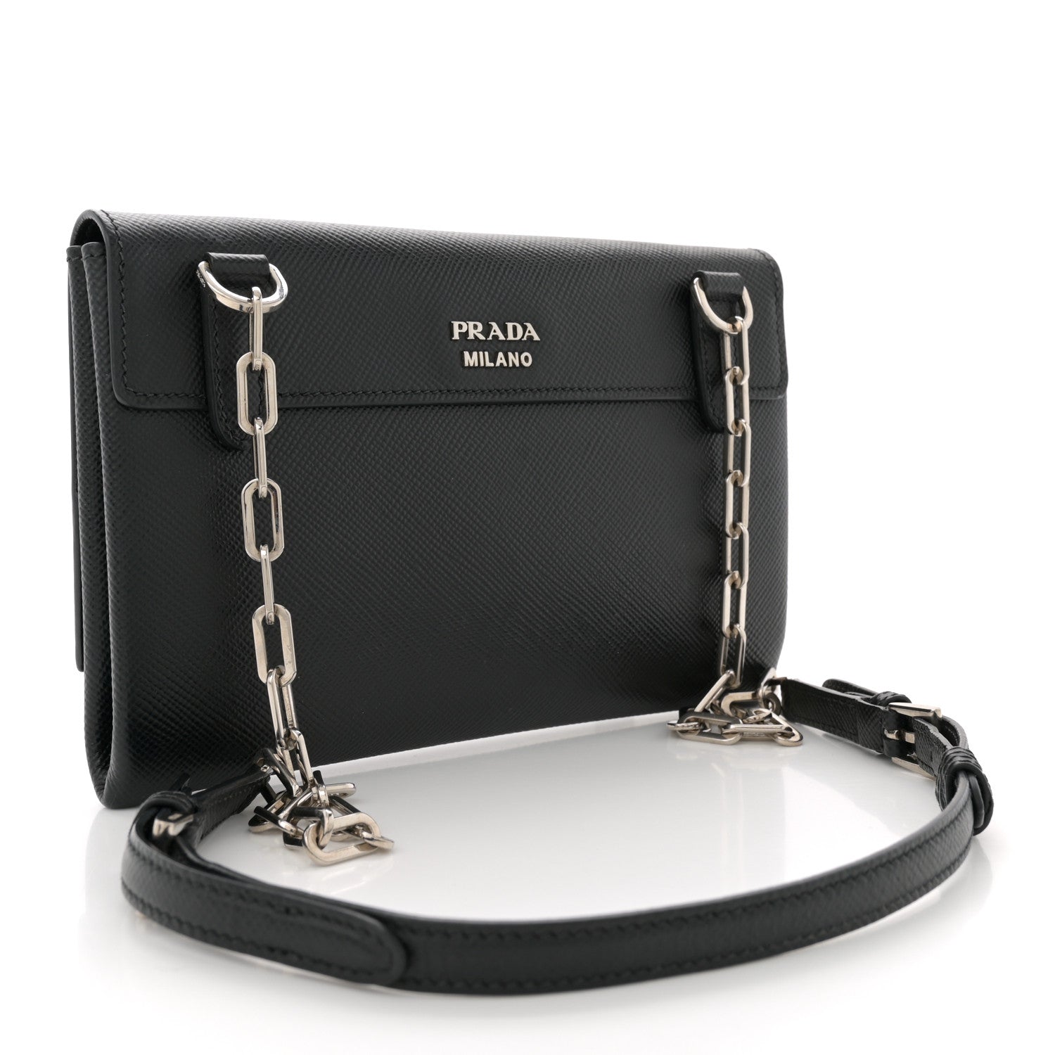 Prada Saffiano Cuir Twist Lock Chain Flap Crossbody Bag Black 3 of 11