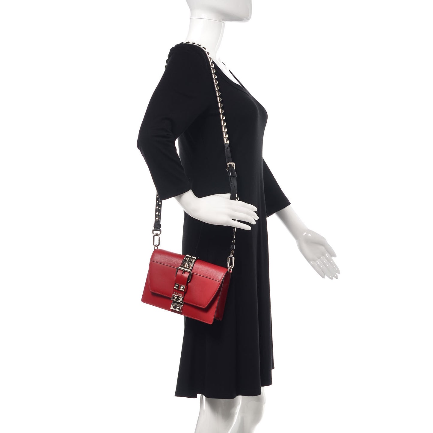 Saffiano City Calfskin Studded Small Elektra Shoulder Bag Fuoco Black