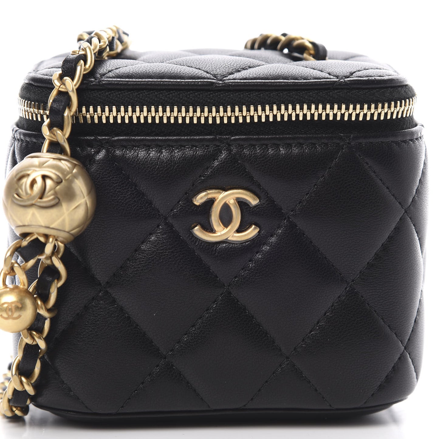 Lambskin Quilted Mini Pearl Crush Vanity Case With Chain Black