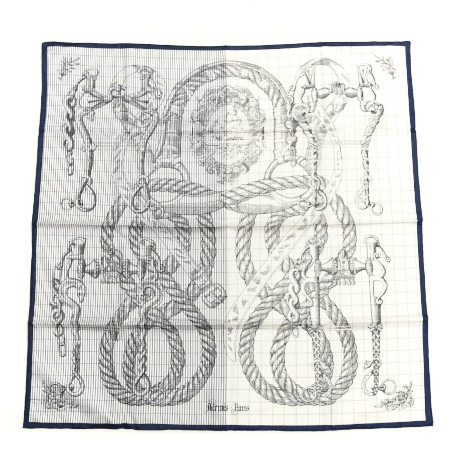 Hermes Silk Della Cavalleria Finesse Scarf 90 Marine White 1 of 4