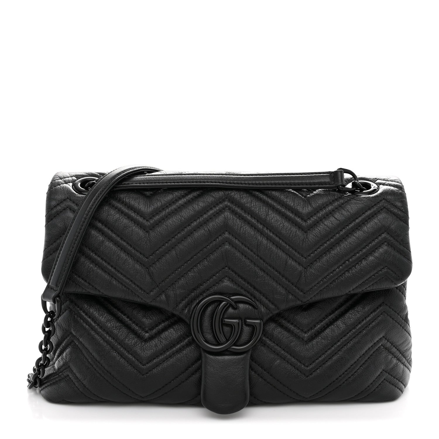 Gucci Soft Calfskin Matelasse Monochrome Medium GG Marmont Shoulder Bag Black 1 of 11