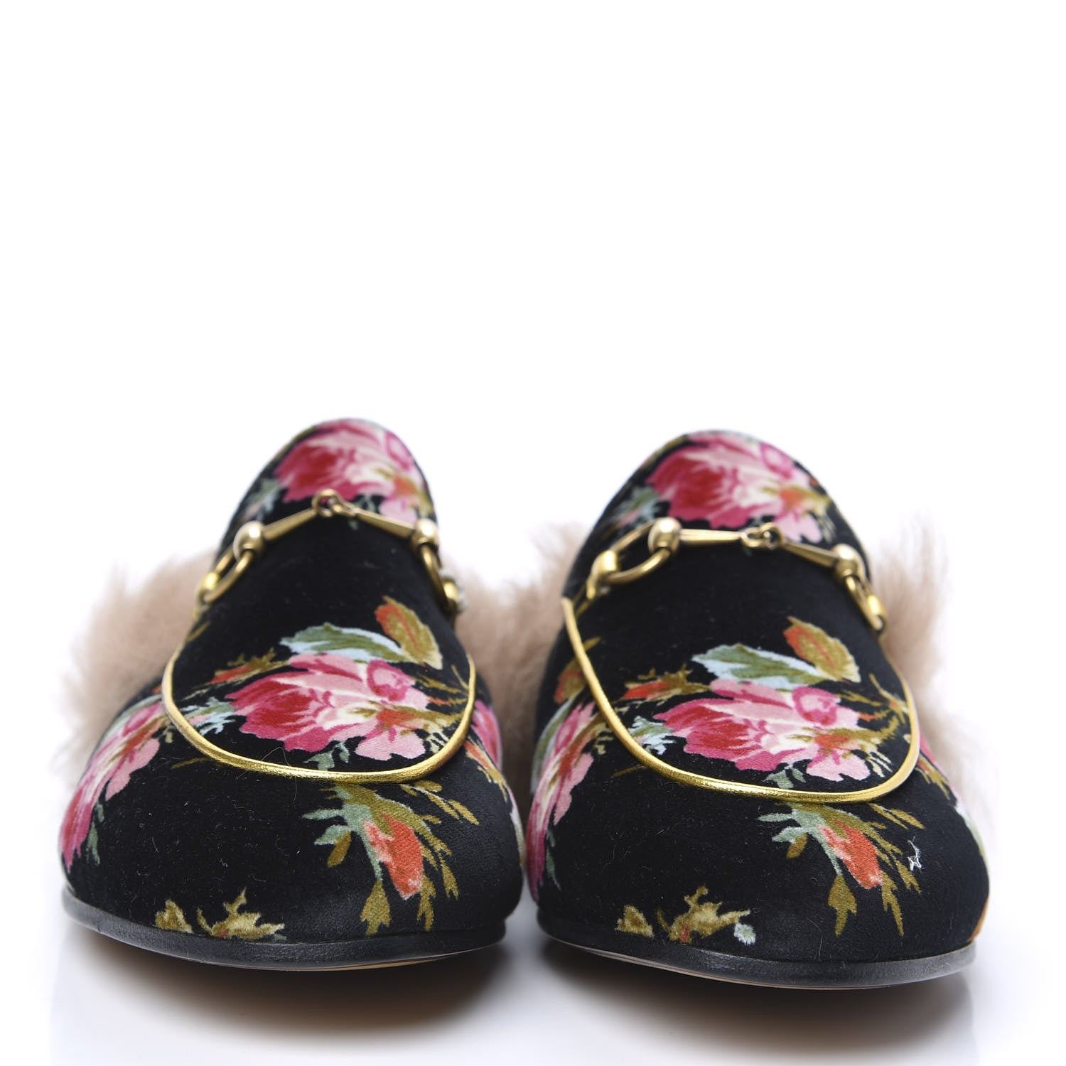 Gucci Velvet Fur Floral Womens Princetown Slippers 39.5 Black 2 of 7