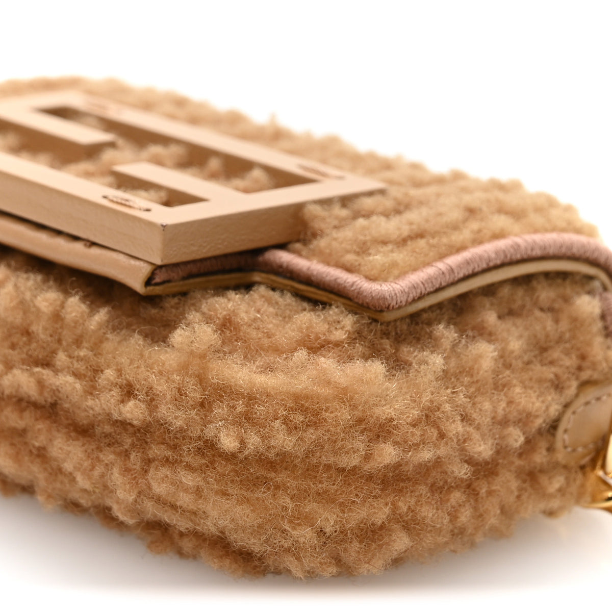 Shearling Nano Maxi Buckle Baguette Charm Camel