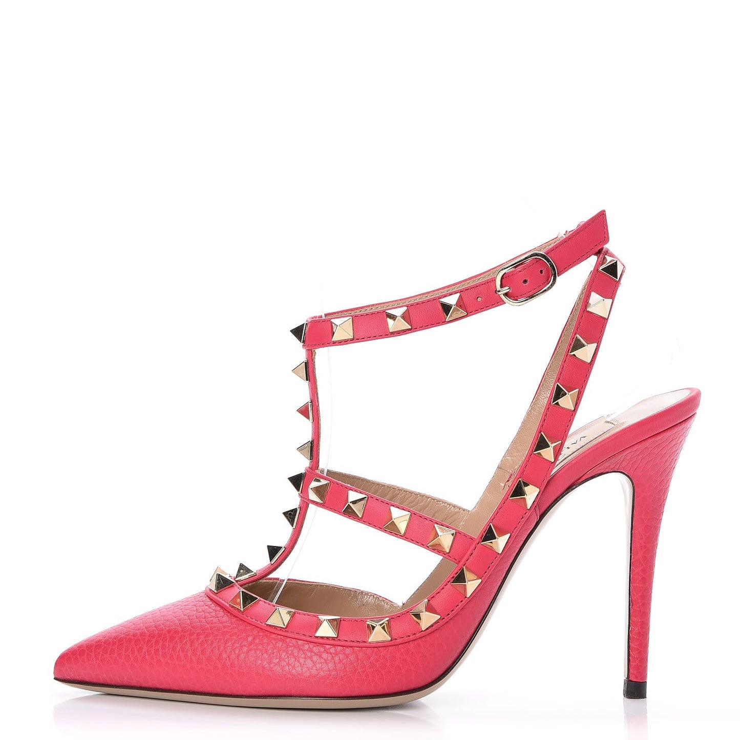 Pebbled Calfskin Rockstud Ankle Strap Pumps 36.5 Cyclamin