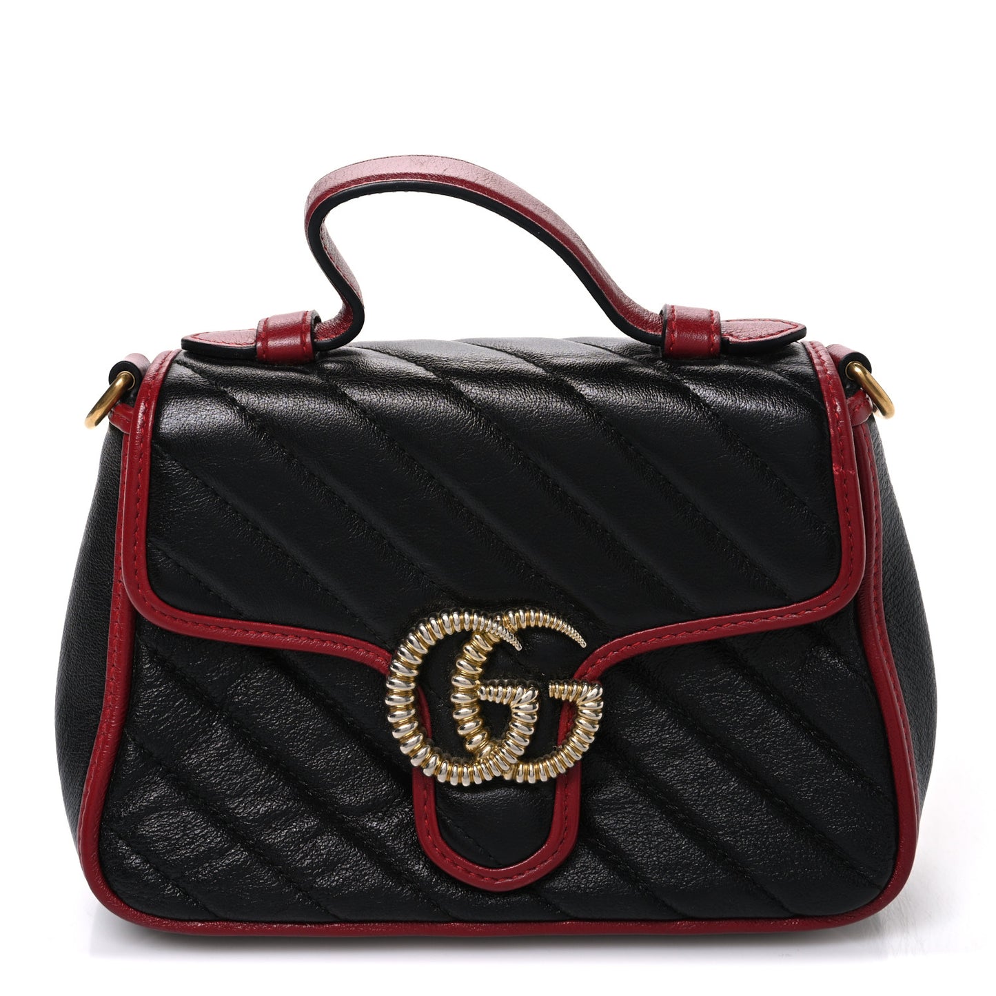 Vintage Effect Calfskin Matelasse Diagonal Mini Torchon GG Marmont Top Handle Shoulder Bag Black Romantic Cherry