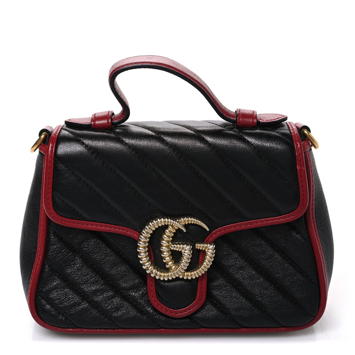 Gucci Vintage Effect Calfskin Matelasse Diagonal Mini Torchon GG Marmont Top Handle Shoulder Bag Black Romantic Cherry 1 of 10