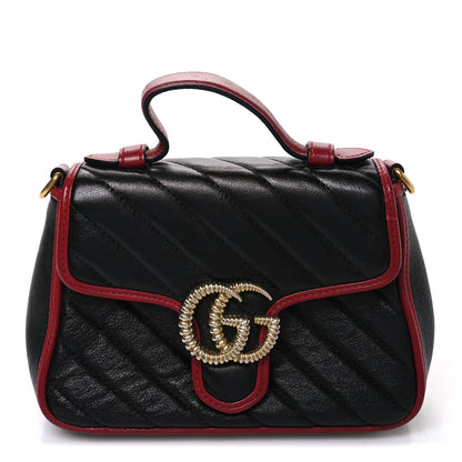 Gucci Vintage Effect Calfskin Matelasse Diagonal Mini Torchon GG Marmont Top Handle Shoulder Bag Black Romantic Cherry 1 of 10