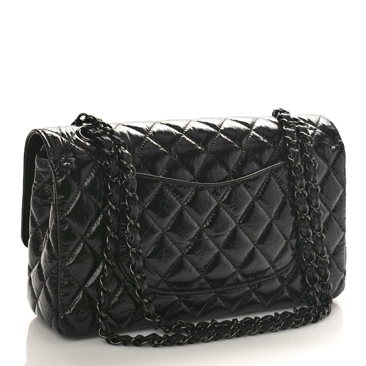 Shiny Crumpled Calfskin Quilted Medium Double Flap So Black