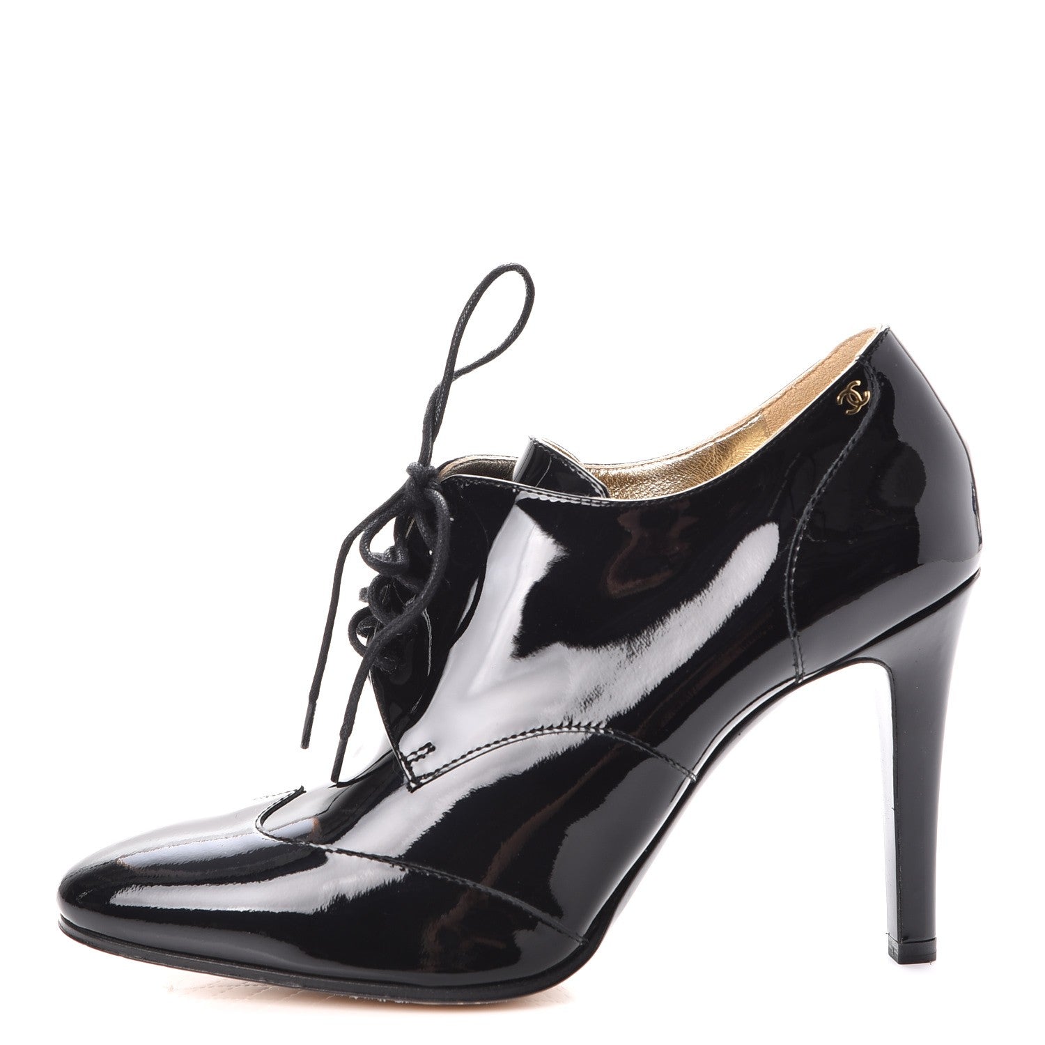 Chanel Patent Calfskin Oxford Lace Up Booties 37.5 Black 1 of 9