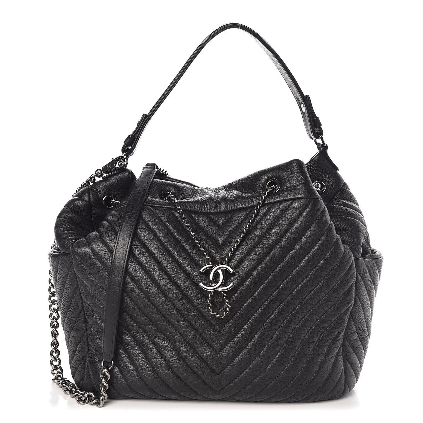 Deerskin Chevron Large CC Chain Bucket Drawstring Bag Black